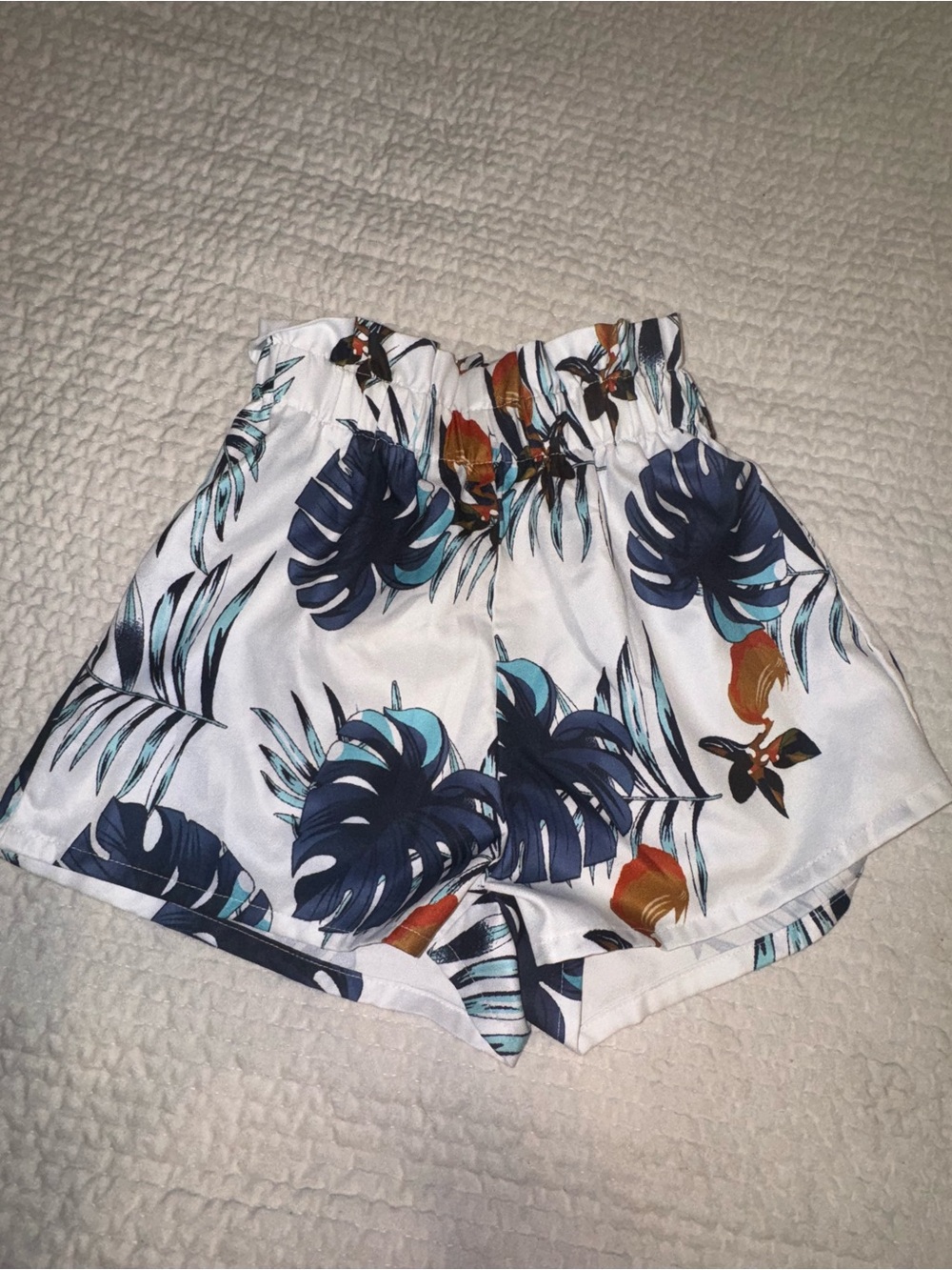 SHEIN White Tropical Leaf Paperbag Waist Shorts with Navy & Teal Accents